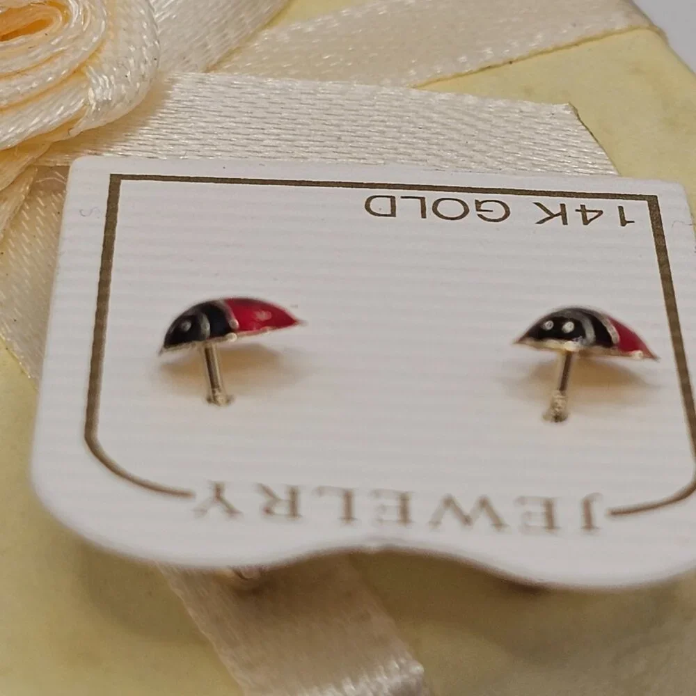 14KT Gold Ladybug Enamel Stud Screw Back Earrings 6mm